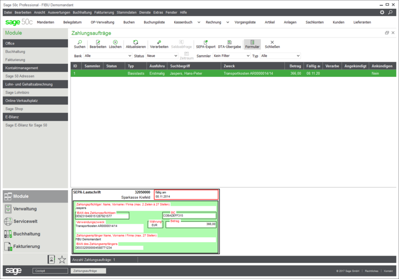 Sage 50 – Online-Banking mit SEPA-Lastschrift