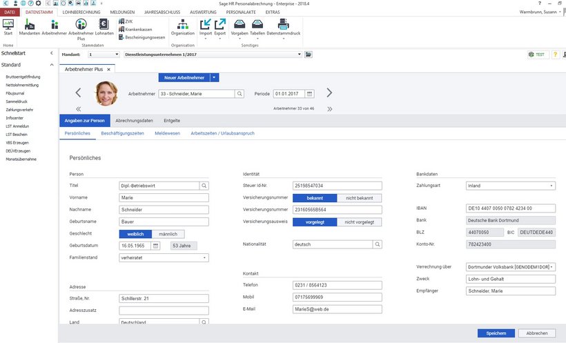 Sage HR Suite Plus – Eingabemaske für neuen Arbeitnehmer