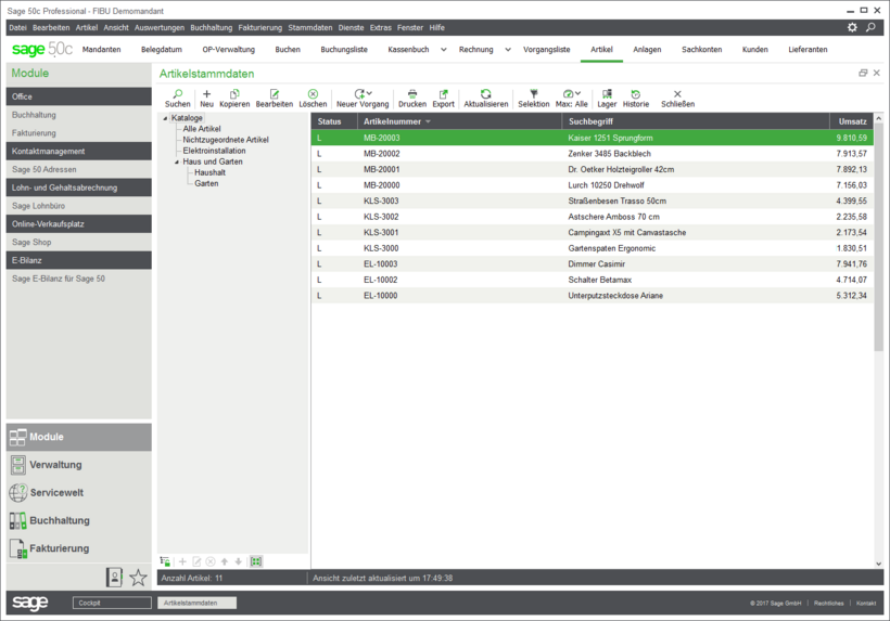 Sage 50 – Artikelliste in der Warenwirtschaft