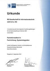 IHK-Urkunde für hervorragende Ausbildungsleistungen für die Abschlussprüfung im Sommer 2021 in dem Beruf Fachinformatiker/in Fachrichtung: Systemintegration
